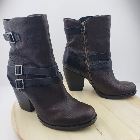 KORK EASE Boots Sz 8M Mid Calf Brown Leather Strappy Buckle Heeled Moto Western - Picture 10 of 12